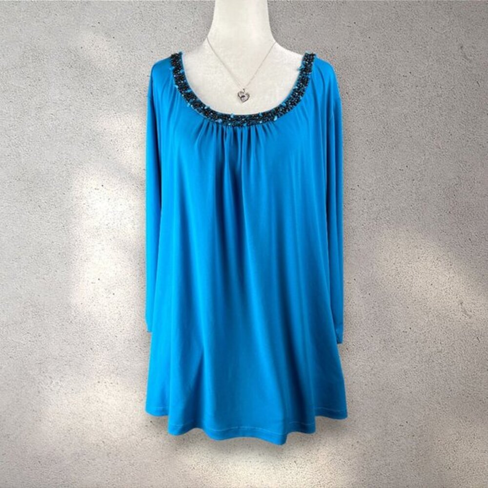Susan Graver Beaded Tunic Blouse Women's 2X Blue Liquid Knit Lagenlook Bohemian